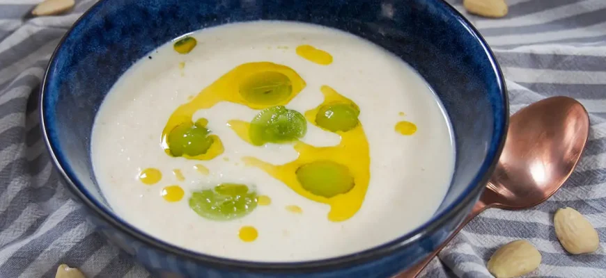 Plato típico andaluz: Ajo Blanco refrescante y cremoso.