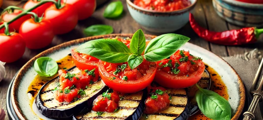 Berinjelas grelhadas com vinagrete de tomate fresco e ervas.