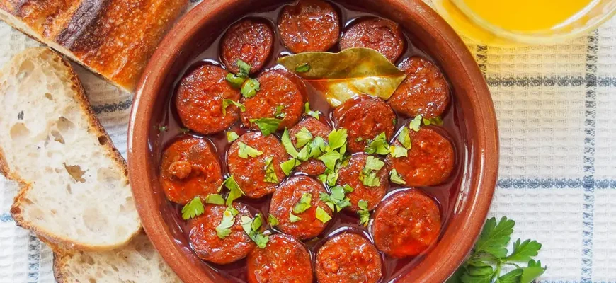 Chorizo a la sidra servido caliente en un plato de terracota.