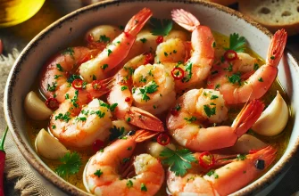 Camarones al ajillo servidos en un plato con aceite de ajo, perejil fresco y pan crujiente.