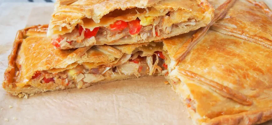 Empanada Gallega tradicional con masa dorada y relleno de atún y vegetales.