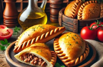 Empanadillas Gallegas douradas e recheadas com atum ou carne, servidas em um prato rústico.