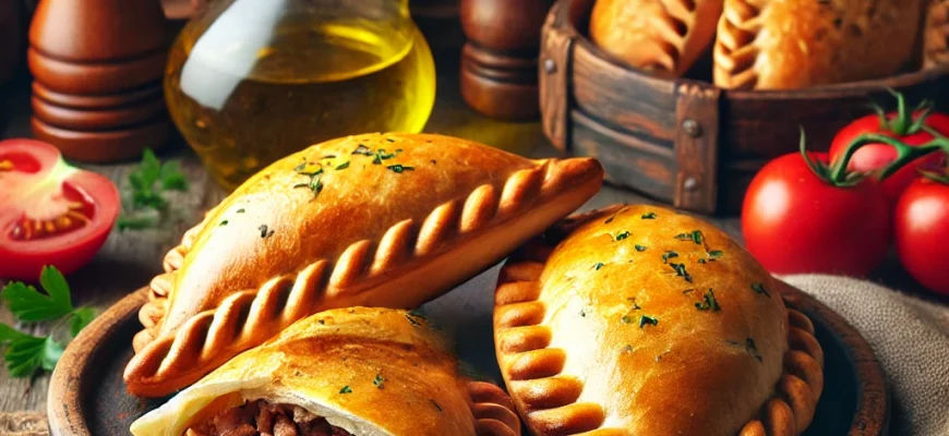 Empanadillas Gallegas douradas e recheadas com atum ou carne, servidas em um prato rústico.