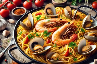 Fideuá de pasta com frutos do mar, com camarões, amêijoas e peixe, servida em uma panela tradicional espanhola.