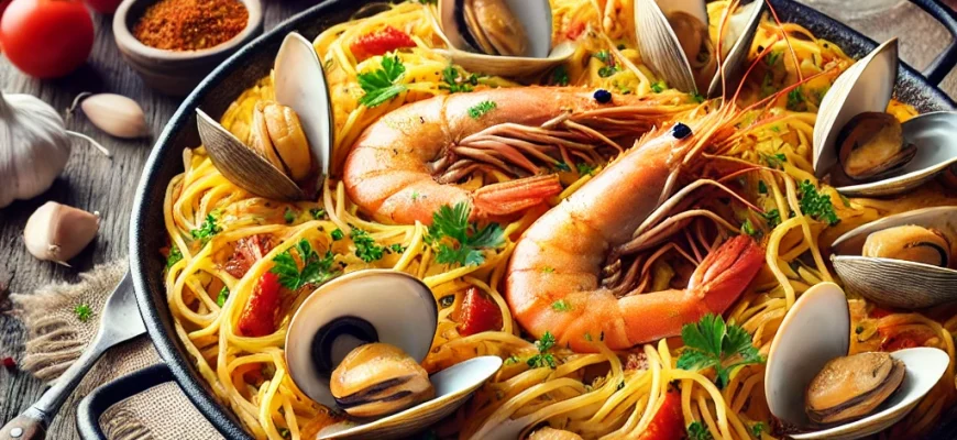 Fideuá de pasta com frutos do mar, com camarões, amêijoas e peixe, servida em uma panela tradicional espanhola.