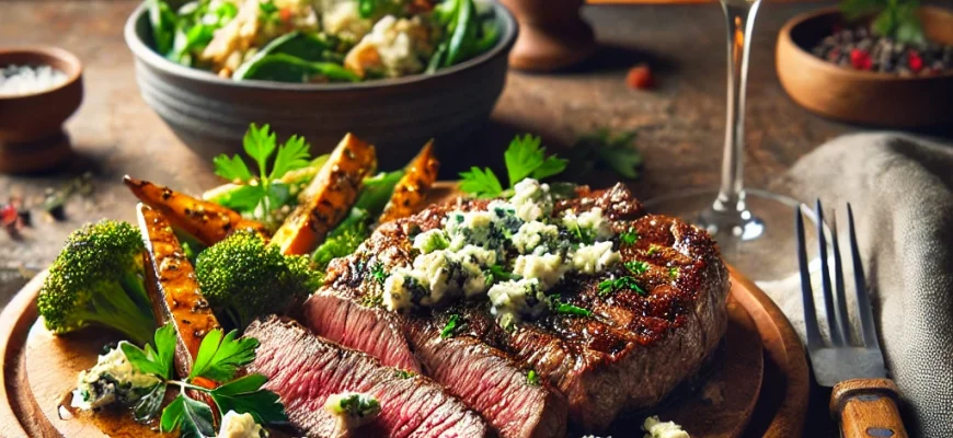 Filete marinado en vino blanco con ajo, perejil y queso azul desmenuzado.