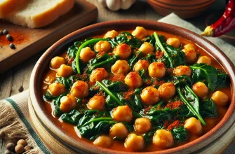 Garbanzos con espinacas servidos em um prato rústico, decorados com azeite e uma pitada de páprica.