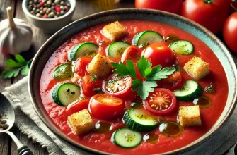 Gaspacho servido em uma tigela com legumes frescos e um fio de azeite.