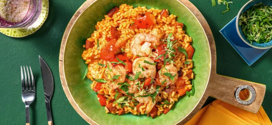 Paella de chorizo y gambas con limón y perejil en una sartén grande.