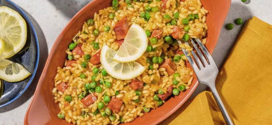 Arroz español con pollo y chorizo, cremoso y lleno de sabor.