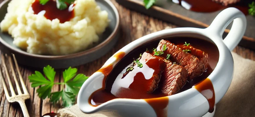 Molho Madeira servido sobre bife com purê de batata e legumes.