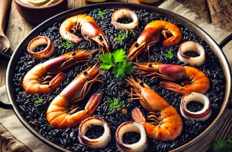 Paella Negra tradicional española servida en una paellera, con arroz negro, calamares, gambas y rodajas de limón fresco.