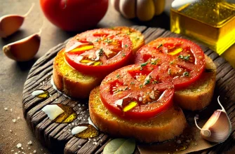 Rebanadas de pan tostado con tomate fresco, ajo y aceite de oliva, estilo tradicional español.