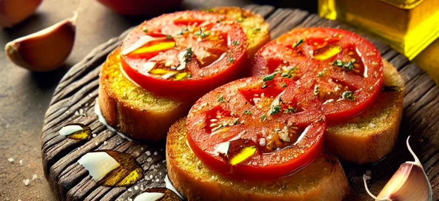 Rebanadas de pan tostado con tomate fresco, ajo y aceite de oliva, estilo tradicional español.