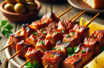 Pinchos Morunos servidos en un plato rústico, con carne de cerdo marinada y asada, acompañados de rodajas de limón y pan artesanal.