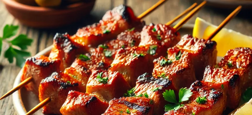 Pinchos Morunos servidos en un plato rústico, con carne de cerdo marinada y asada, acompañados de rodajas de limón y pan artesanal.