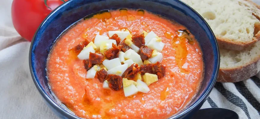 Salmorejo andaluz servido con huevo cocido y jamón serrano.