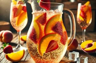 Jarra de sangría de cava con frutas frescas como fresas, naranjas y melocotones, servida con hielo en copas elegantes.