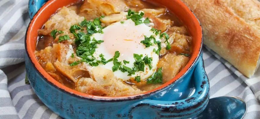 Sopa de ajo española servida en un cuenco con pan, ajo, huevo poché y perejil fresco.