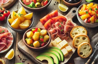 Tapas frías españolas servidas en un plato: pan con tomate, ensaladilla rusa, queso manchego con membrillo y ensalada de naranja con aguacate.