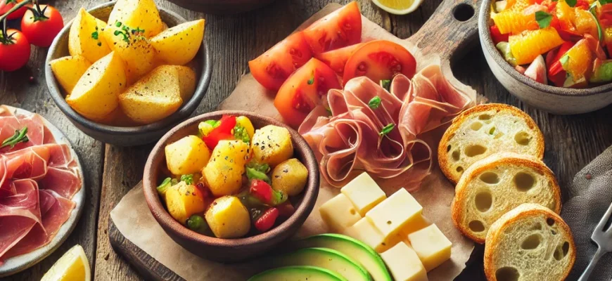 Tapas frías españolas servidas en un plato: pan con tomate, ensaladilla rusa, queso manchego con membrillo y ensalada de naranja con aguacate.