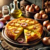 Tortilla Española tradicional servida em um prato rústico, cortada em fatias.