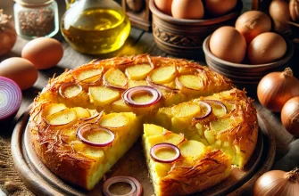 Tortilla Española tradicional servida em um prato rústico, cortada em fatias.