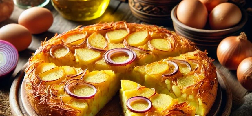 Tortilla Española tradicional servida em um prato rústico, cortada em fatias.