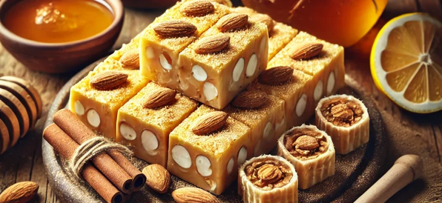 Turrón de Jijona casero en un plato, con textura suave y color dorado, acompañado de almendras enteras y decorado con una ramita de canela.