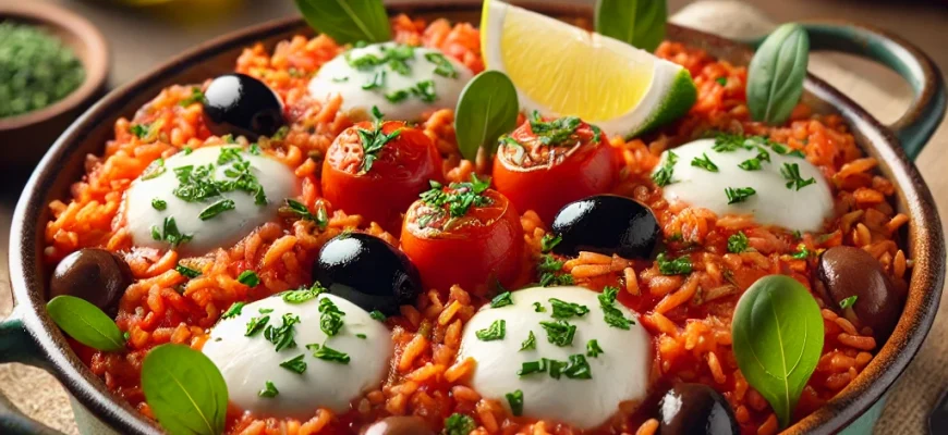 Prato de arroz de tomate, azeitonas e mozzarella com rúcula fresca e azeite.