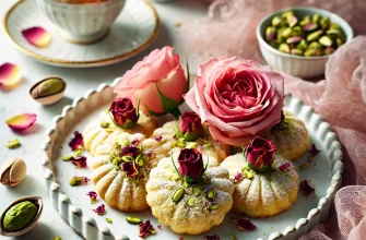 Biscoitos caseiros de rosa e amêndoa decorados com pistácios e pétalas de rosa.