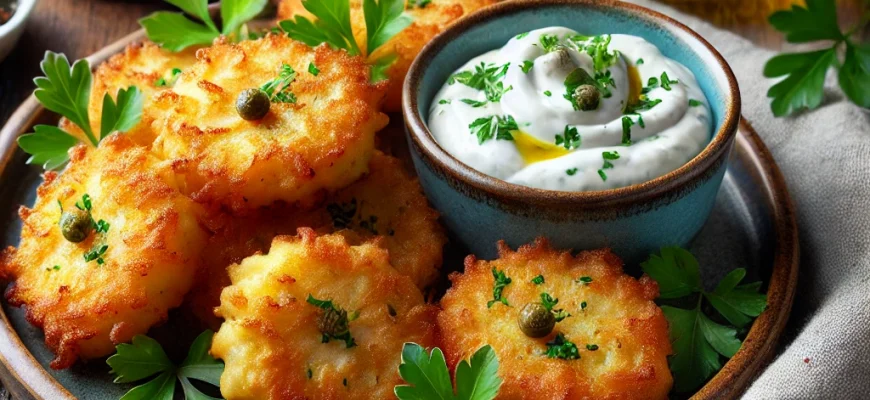 Bolinhos de bacalhau dourados e estaladiços servidos com aioli de ervas e alcaparras crocantes em uma travessa rústica.