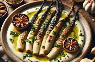 Cebolinhas queimadas com molho ajo blanco, servidas com sumo de limão caramelizado em uma travessa rústica.