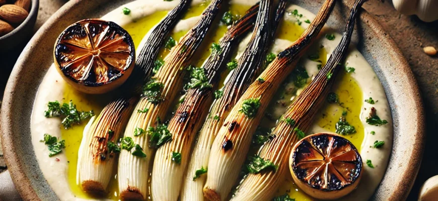 Cebolinhas queimadas com molho ajo blanco, servidas com sumo de limão caramelizado em uma travessa rústica.