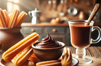 Chocolate quente e churros crocantes prontos para mergulhar, uma deliciosa combinação de sabores para o pequeno-almoço.