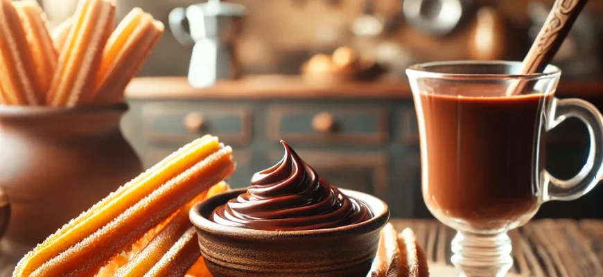 Chocolate quente e churros crocantes prontos para mergulhar, uma deliciosa combinação de sabores para o pequeno-almoço.