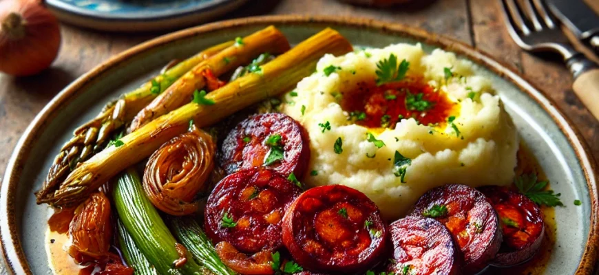 Chouriço Glaceado com Madeira e Alho Francês servido com batatas novas e salsa fresca.