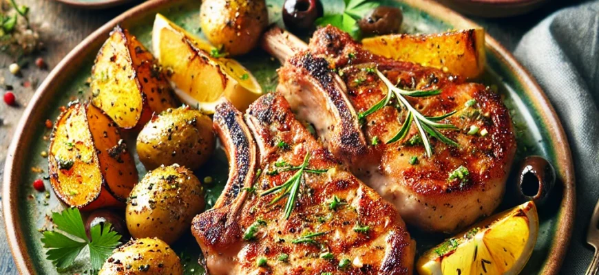 Chuletas de Cerdo al Estilo Español com batatas novas e azeitonas recheadas com anchovas, assadas e servidas com salsa fresca.