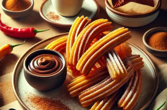 Churros de chocolate com chilli, polvilhados com açúcar e servidos com molho de chocolate quente.