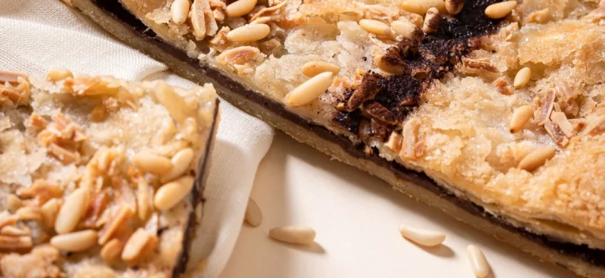 Coca de hojaldre catalana con chocolate, decorada con piñones y almendras.