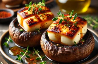 Cogumelos Portobello recheados com halloumi e paprika fumada, grelhados até ficarem dourados e servidos com um toque de ervas frescas.