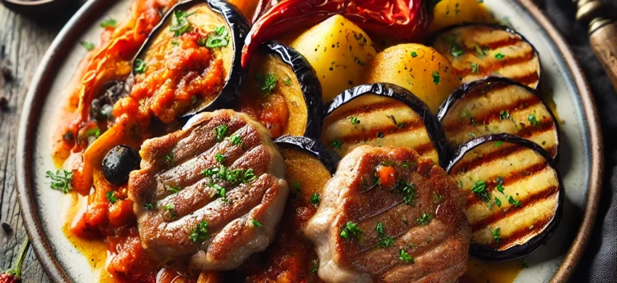 Costeletas de borrego douradas servidas com tumbet de legumes assados e molho de tomate fumado, decoradas com ajillo de alho e salsa.