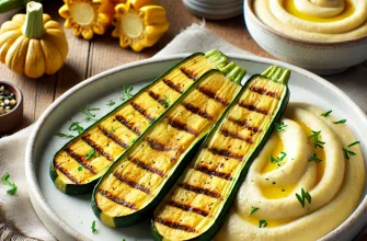 Courgettes grelhadas servidas com puré de pastinaca cremoso, uma opção saudável e deliciosa para qualquer refeição.