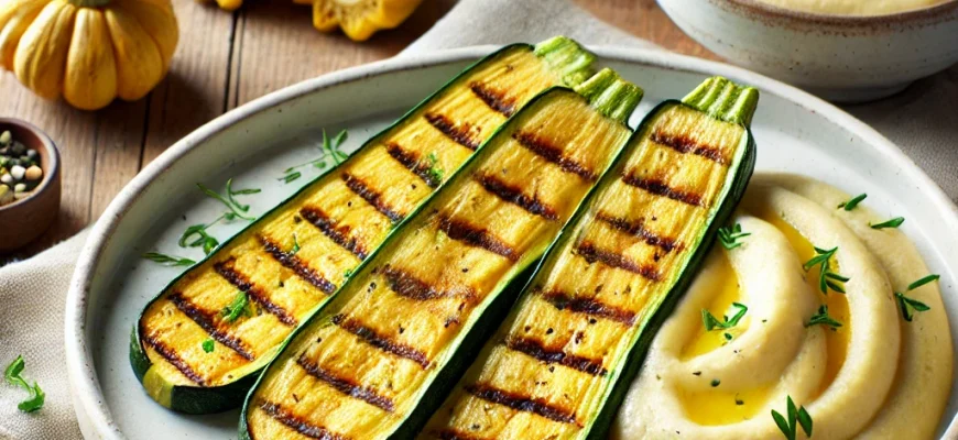 Courgettes grelhadas servidas com puré de pastinaca cremoso, uma opção saudável e deliciosa para qualquer refeição.