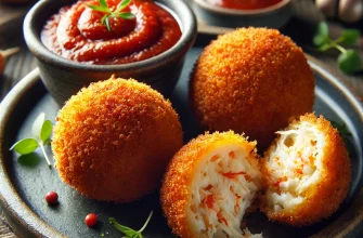 Croquetas de caranguejo crocantes, servidas com molho romesco fumado em um prato elegante.