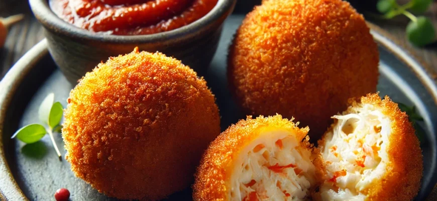 Croquetas de caranguejo crocantes, servidas com molho romesco fumado em um prato elegante.