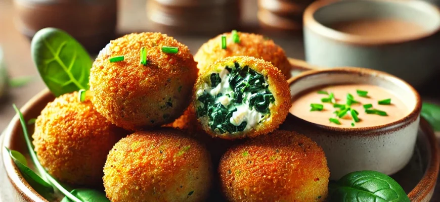 Croquetas douradas com espinafres e queijo de cabra, servidas quentes e estaladiças.