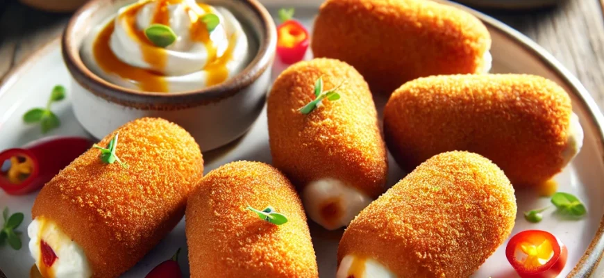 Croquetes dourados e estaladiços de queijo de cabra com pimentos piquillo, prontos para servir como aperitivo.