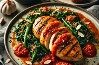 Prato de frango com molho romesco fumado servido sobre verduras salteadas com alho.