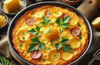 Frittata de batata com queijo dourada em uma frigideira, servida com pedaços de mozzarella derretida e uma salada fresca ao lado.